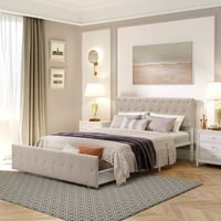 Pat metalic Queen Size Aukfa cu sertar, pat Modern cu platformă cu tăblie și picioare tapițate, șipci metalice, nu este nevoie