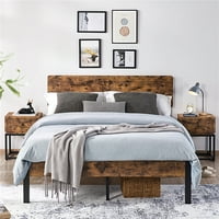 Cadru de pat metalic Easyfashion cu tăblie din lemn, maro Rustic, plin