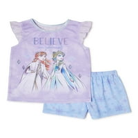Top și pantaloni scurți cu mânecă scurtă Disney Frozen Girls, set clasic de pijama din 2 piese, dimensiuni 4-10