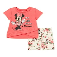 Minnie Mouse Baby Girls & Toddler Girls Tricou încrucișat și pantaloni scurți pentru biciclete florale, set de ținute din 2 piese,