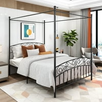 Cadru de pat cu platformă cu baldachin din metal negru, Aukfa Queen size pat modern cu baldachin din Metal cu cadru robust din