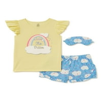 Cămașă cu volane curcubeu Cozy Jams Girls, pantaloni scurți și mască de somn, Set de pijama din 3 piese, dimensiuni 4-16