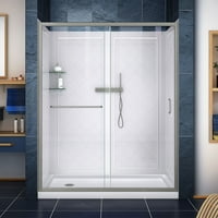 Dreamline Infinity-Z în. D în. W în. H ușă de duș glisantă transparentă din nichel periat, bază de scurgere stângă și pereți din
