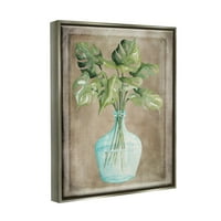 Stupell Industries Monstera frunze vaza de sticla ghiveci Casa Plante pictura luciu Gri plutitoare înrămate panza imprimare arta