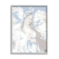 Stupell Industries Angel Holding Blossom White Wings pictură Gri încadrată artă imprimată artă de perete, Design de Debi Coules