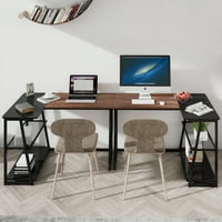 Homooi L-forma oțel portabil colț birou cu rafturi, maro negru