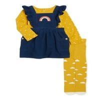 Wonder Nation Baby Girl Pinafore Dress, Set De Ținute Cu Mânecă Lungă Și Colanți, Dimensiuni 0 3 Luni