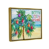 Stupell Industries Merry Beachy Crăciun vacanță Palm artă grafică aur metalic Floating Framed Canvas Print Wall Art, Design de