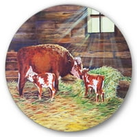 Designart 'nou-născuți gemeni viței cu vacă la fermă' Farmhouse Circle Metal Wall Art-Disc de 23