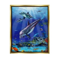 Stupell Industries Delfinii Acvatice & Pește Coastă Pictura Aur Floater Înrămate Arta Imprimare Perete Arta