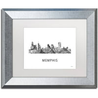 Marcă comercială Artă Plastică 'Memphis Tennessee Skyline WB-BW' pânză artă de Marlene Watson, mată albă, cadru argintiu