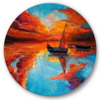 Designart 'little Boat în timpul strălucirii calde de seară roșu intens' Nautical & Coastal Circle Metal Wall Art-Disc de 29