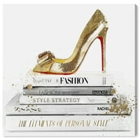 Wynwood Studio moda si glam Wall Art panza printuri 'Pantofi de aur și roșu unic' pantofi-Aur, Alb