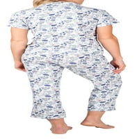 Pijamale Notch guler buton sus sus cu potrivire Capris poliester amestec pijama Set femei Plus