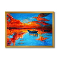 Barci în timpul apus de soare cald odihnindu-se pe apă vi înrămate pictura panza arta de imprimare