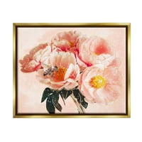 Stupell Industries Shimmering Bumble Bee flori Glam roz la modă artă grafică aur metalic Floating Framed Canvas Print Wall Art,