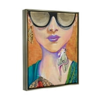 Stupell Industries femeie poartă fluture insecte bijuterii ochelari de soare pictura pictura luciu Gri plutitoare înrămate panza