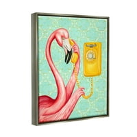 Stupell Industries Flamingo folosind telefon Retro cu model de flori motiv artă grafică luciu Gri Floating Framed Canvas Print