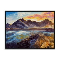 Designart 'Impresie Roz Apus De Soare Peste Munți Lângă Mare' Nautic & Coastal Înrămate Panza Wall Art Print