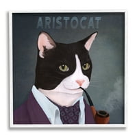 Stupell Industries Aristocat pisică zâmbitoare ingenioasă portret pipă fumătoare artă grafică artă cu cadru alb imprimare artă